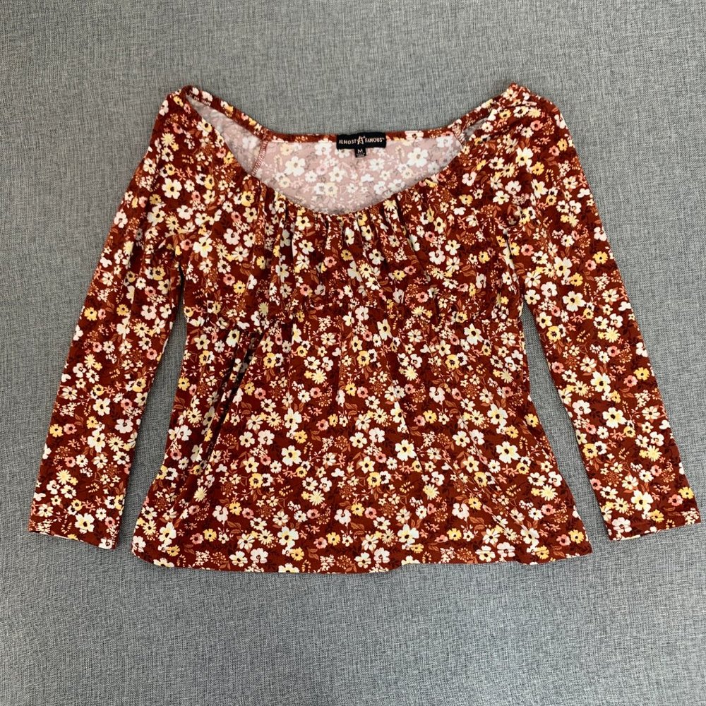 Almost Famous Floral Babydoll Top‎ Pleated Neckline Off Shoulders Juniors Medium